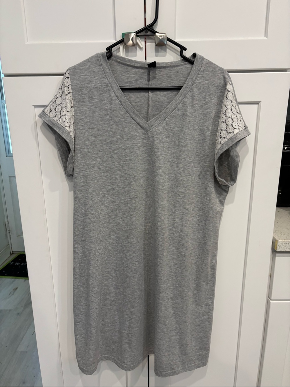 SHEIN Grey V-Neck Tunic with White Lace Sleeve Insets